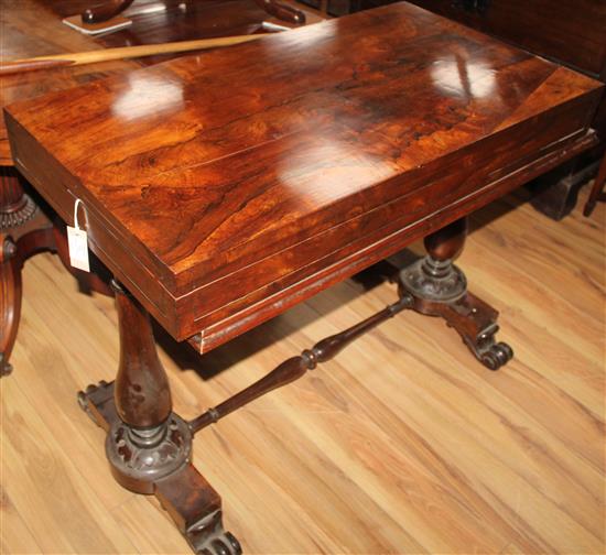 An early 19th century rosewood folding bagatelle table, W.3ft 4in.